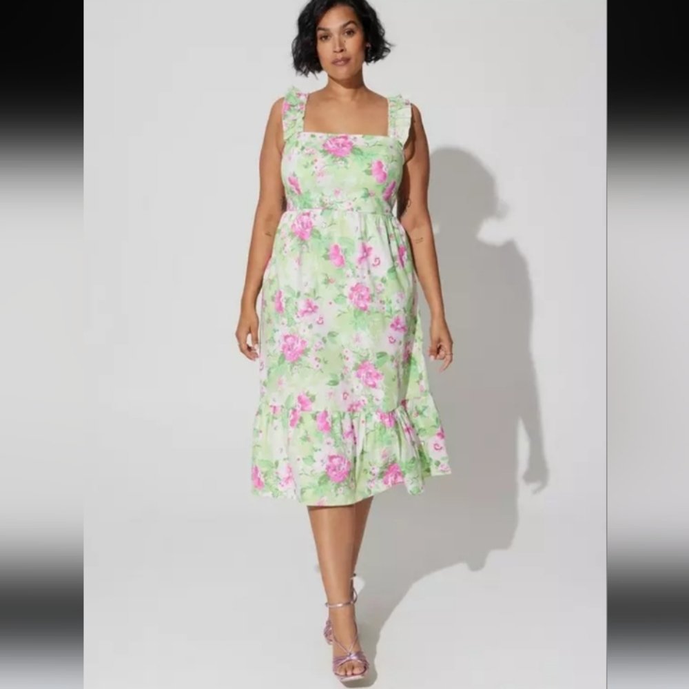 Torrid Poplin Green Pink Floral Ruffle Strap Tiered Midi Dress 0 L 12